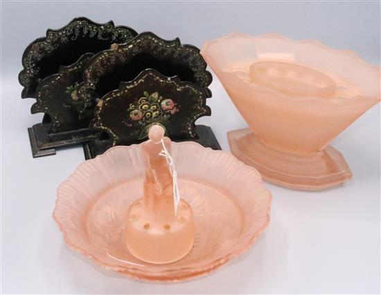 Art Deco style glass planter on stand and a dish with figured centre (a.f.)